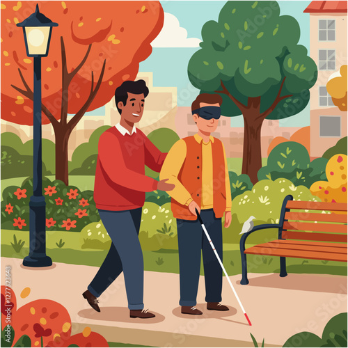 Man Assisting Blind Person Walking in Park with Cane