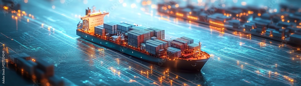 Obraz premium Global supply chain management in action, digital network of transportation, trucks, ships, planes, and warehouses, interconnected logistics system, highdefinition 3D visualization