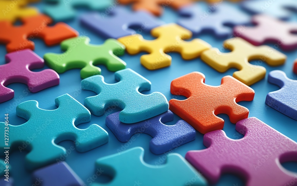 Fototapeta premium Puzzle pieces in bright colors arranged on a blue background, symbolizing creativity and collaboration in teamwork, intricate patterns, ultradetailed 3D, cinematic lighting