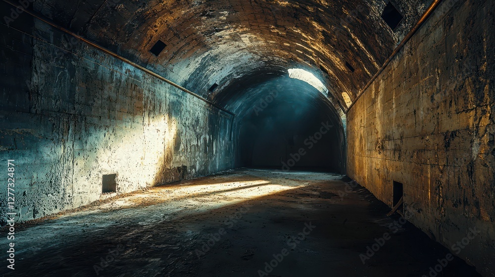 Naklejka premium Abandoned Warehouse Interior with Dramatic Light and Shadow Effects