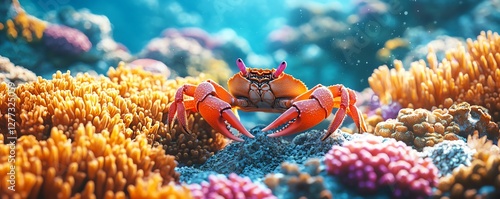 Vibrant coral reefs with a swimming crab, bright and colorful marine life, crystalclear waters, underwater photography style, detailed and vivid 3D rendering
