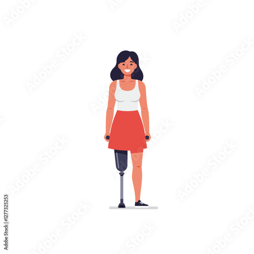 Smiling Woman with Prosthetic Leg Standing Confidently in White Studio
