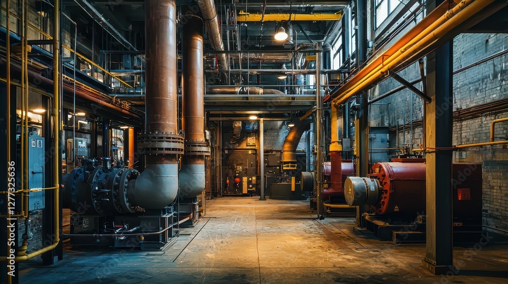 Fototapeta premium Industrial Interior of a Power Plant with Machinery and Pipes
