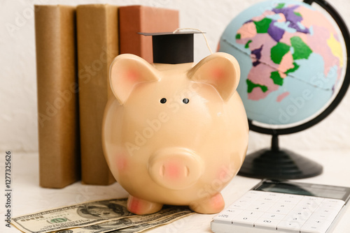 Piggy bank with money, book...