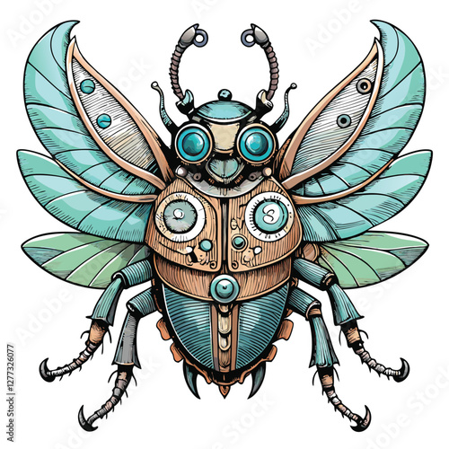 A highly detailed image of a steampunk beetle, its chitinous shell intricately adorned with tiny, whirring gears and meticulously crafted mechanical wings.