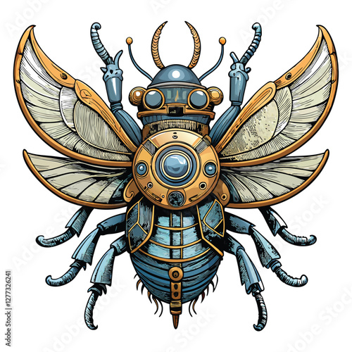 A detailed close-up of a beetle with intricately designed mechanical wings, showcasing tiny, whirring gears and clockwork mechanisms.