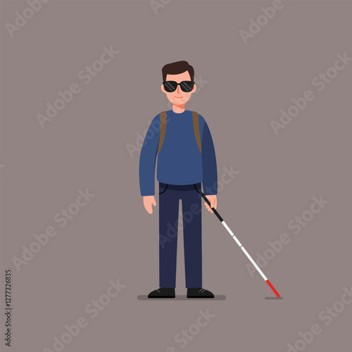 Blind Man Walking with Cane Illustration Wearing Sunglasses and Backpack