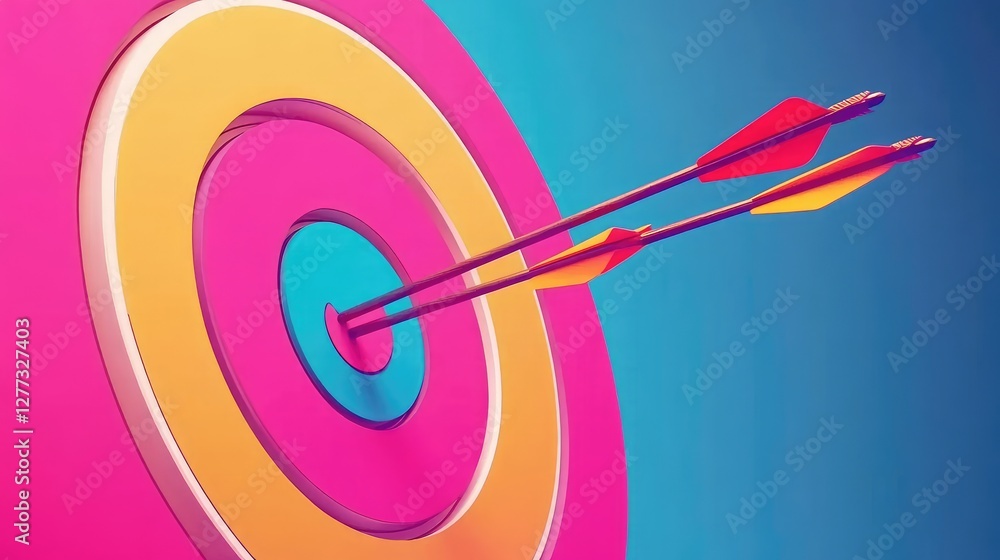 A close-up view of an archery target with arrows stuck in different colored zones, empty space around it. A close-up view of an archery target with arrows stuck in different colored zones, empty space around it.