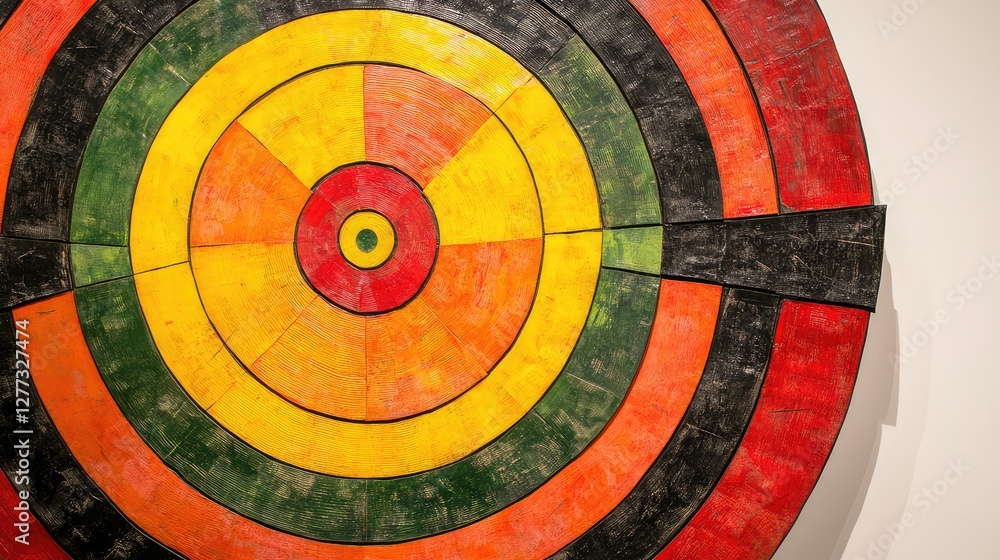 A close-up view of a circular target with concentric red, yellow, and green rings, arrows striking at various points. A close-up view of a circular target with concentric red, yellow, and green rings, arrows striking at various points.