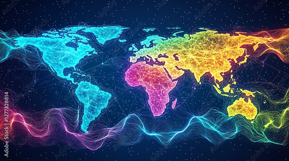Fototapeta premium Vibrant rainbow world map with glowing lines and waves.