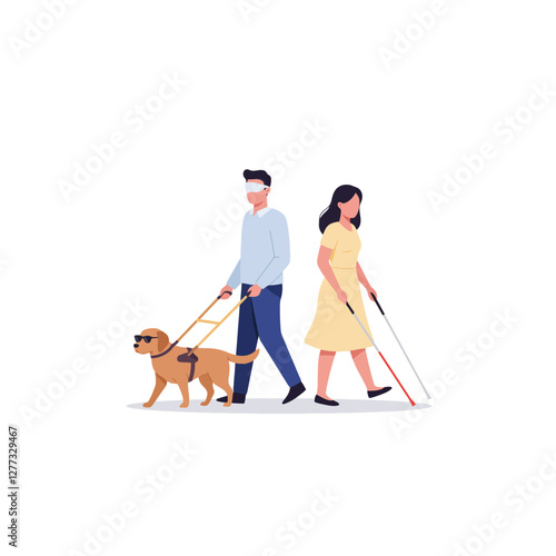 Illustrations of Visually Impaired People Using Guide Dog and Cane for Mobility