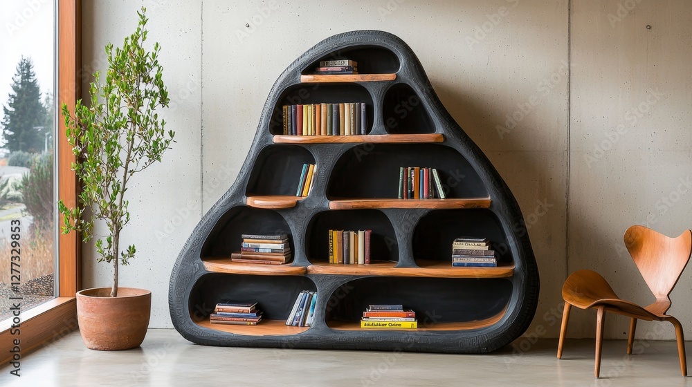 Fototapeta premium Eco-Friendly Home Design: Unique Bookshelf with Repurposed Tire Sidewalls for Sustainable Decor,3D rendering