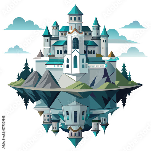 An upside-down castle floats serenely above a still, reflective lake, its mirrored image perfectly juxtaposed.