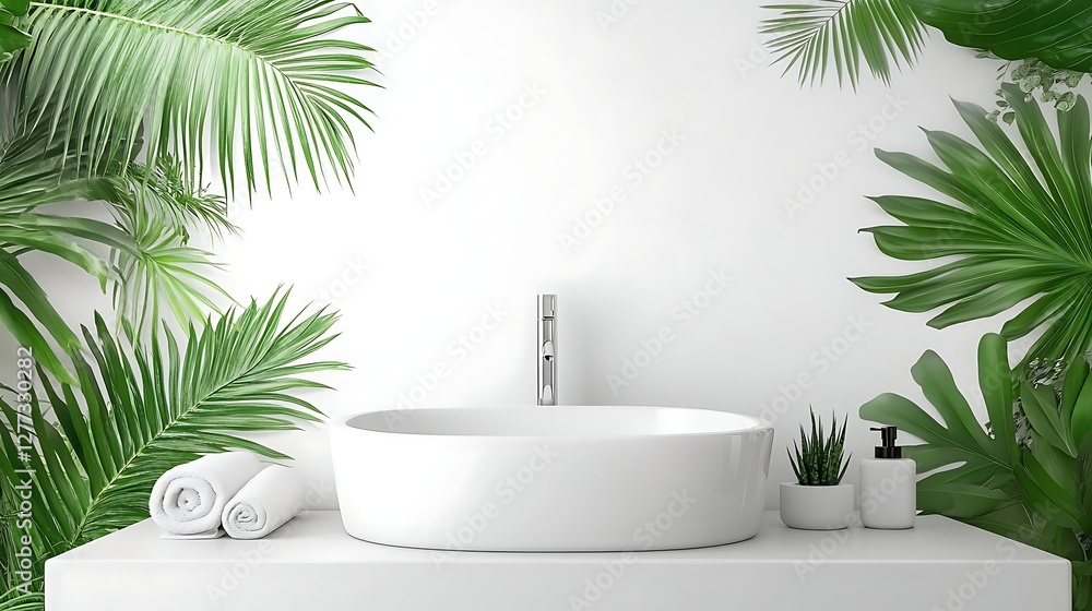Fototapeta premium Tropical bathroom sink, towels, plants