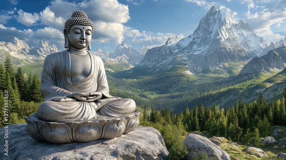 A large Buddha figure on a mountain peak, surrounded by forested hills and distant snow-capped peaks. A large Buddha figure on a mountain peak, surrounded by forested hills and distant snow-capped peaks.