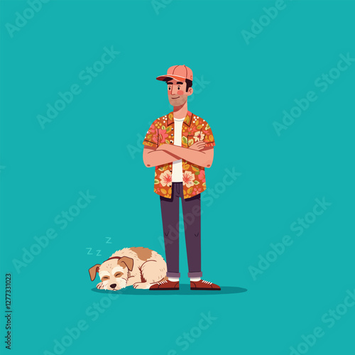 Man Standing with Sleeping Dog in Cartoon Style Illustration Art