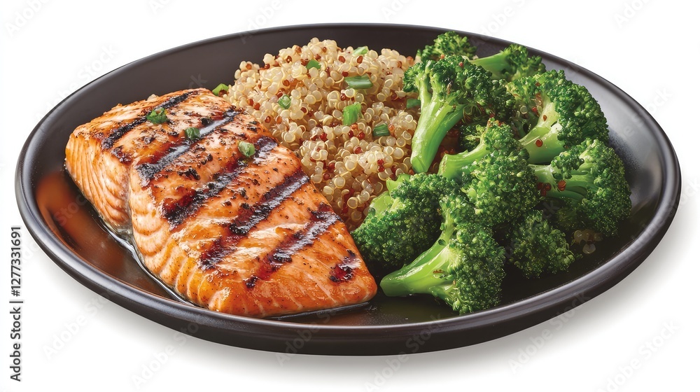 A plate of grilled salmon with steamed broccoli and quinoa, promoting omega- and protein-rich diets for healthy aging. A plate of grilled salmon with steamed broccoli and quinoa, promoting omega- and protein-rich diets for healthy aging.