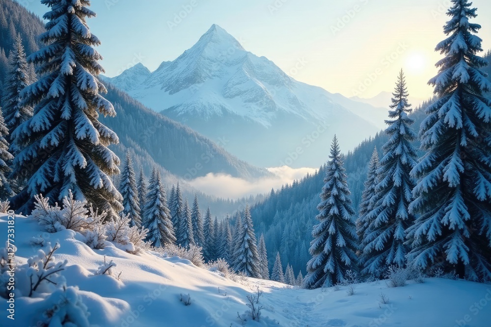 Fototapeta premium Frosty mountain vistas peeking through forest canopy, misty morning, winter wonderland, winter landscape snow mountains trees forest