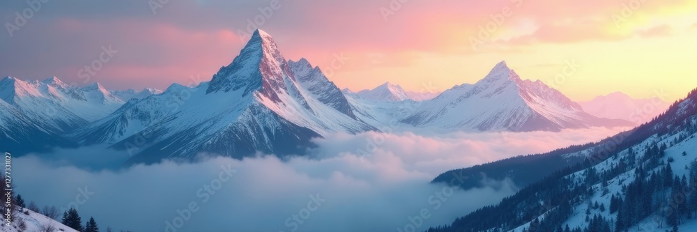 Frosty peaks piercing through the veil of misty dawn, hazy, serene Frosty peaks piercing through the veil of misty dawn, hazy, serene