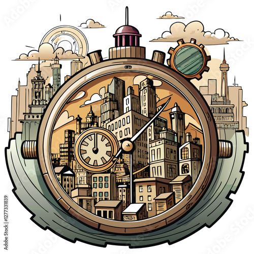 A sprawling city meticulously crafted within the confines of a gigantic, ornate pocket watch; intricate details visible.