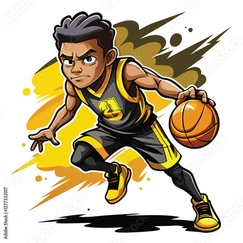 Create a cartoon illustration of a street basketball player executing a no-look pass, showcasing dynamic movement and exaggerated style.