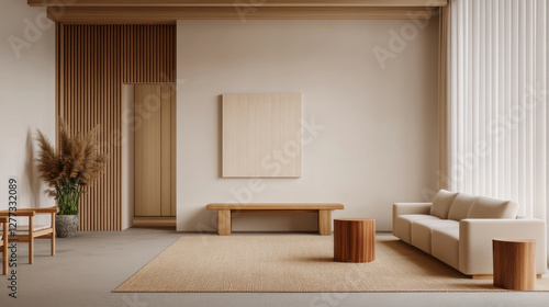 serene Scandinavian inspired living room with warm tones and natural materials