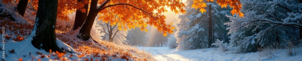 Gentle hues of golden maple leaves nestled among snow-covered trees bathed in soft morning light, tree, green, woods Gentle hues of golden maple leaves nestled among snow-covered trees bathed in soft morning light, tree, green, woods