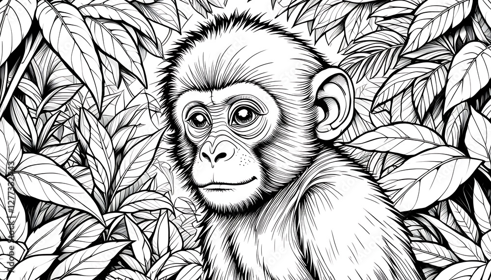 Obraz premium Playful monkey coloring page, engaging book drawing animal, charming cute outline zoo jungle, whimsical cheerful delightful, artistic animated enchanting