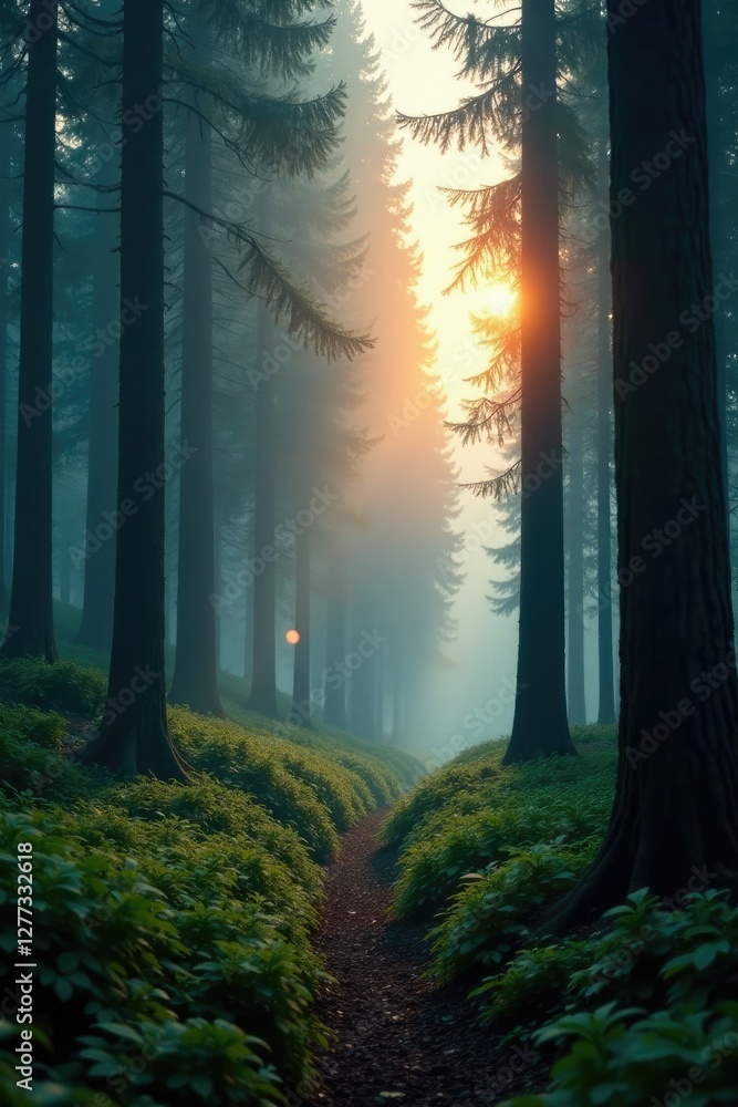 Obraz premium Misty forest at dusk with tall trees and ferns, greenery, foliage