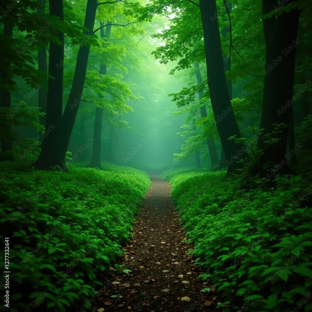 Fototapeta premium Misty forest path winding through dense foliage, misty, overgrown, greenery