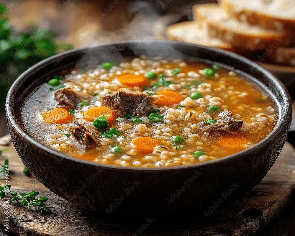 Delicious Homemade Beef Barley Soup with Carrots and Peas in Rustic Bowl, Served with Fresh Bread - Perfect Comfort Food for Cold Weather and Hearty Meals Delicious Homemade Beef Barley Soup with Carrots and Peas in Rustic Bowl, Served with Fresh Bread - Perfect Comfort Food for Cold Weather and Hearty Meals