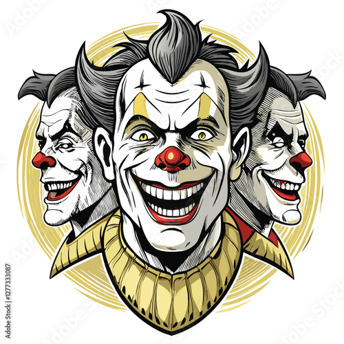 A surreal painting of a clown with three overlapping faces, each exhibiting a different distinct emotion; joy, sorrow, and anger.  High detail, vibrant colors.