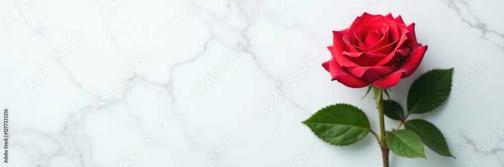 Naklejka premium single rose with attached leaves against white marble background, marble, leaf