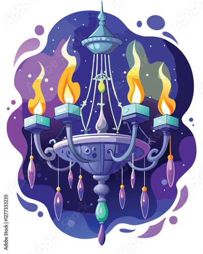 A majestic, cobweb-draped chandelier, gleaming faintly, floats serenely amidst a star-studded night sky.