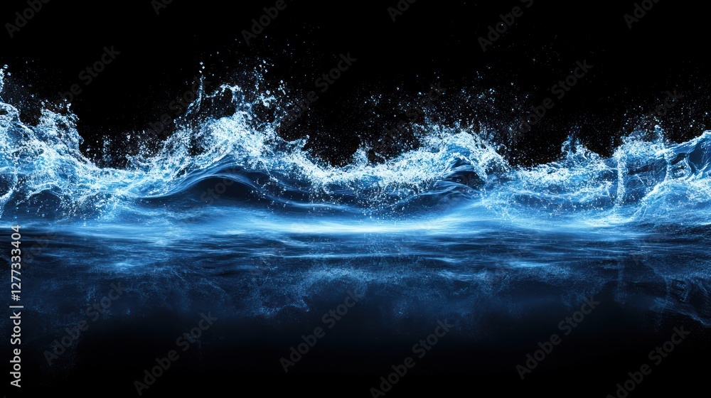 Abstract Blue Water Waves Splashing on Black Background