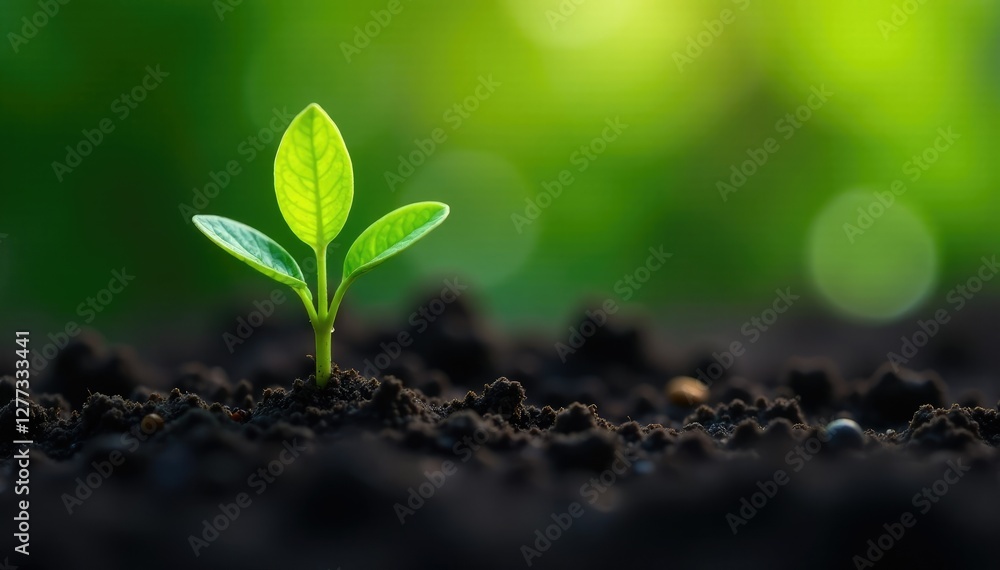Naklejka premium Small green sprout pushing through dark soil with tiny roots, organic, plant, foliage