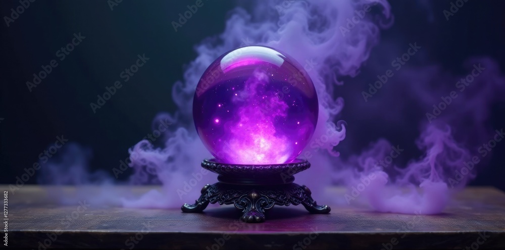 Obraz premium Smoky purple mist surrounds an ornate crystal ball on a dark wooden table, occult, spiritual, mysticism