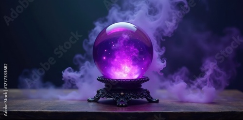 Smoky purple mist surrounds an ornate crystal ball on a dark wooden table, occult, spiritual, mysticism