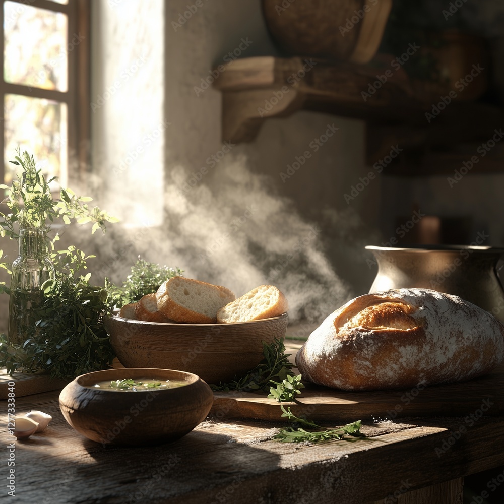 Traditional Turkish and Chinese teapots with steaming hot cuisine in a rustic kitchen Traditional Turkish and Chinese teapots with steaming hot cuisine in a rustic kitchen