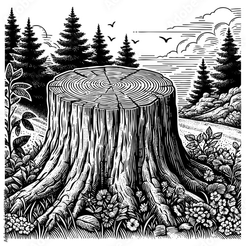 Tree stump engraving black and white outline. Scratch board imitation.  illustrated in vintage line art style on a white background.
