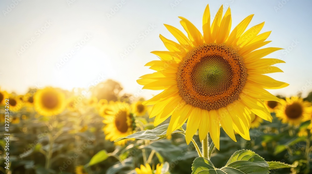A sunflower field under a clear sky, with bright yellow flowers swaying gently in the wind. A sunflower field under a clear sky, with bright yellow flowers swaying gently in the wind.