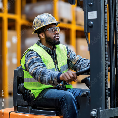 Forklift operator handling cargo in warehouse industrial environment action shot focus on safety gear