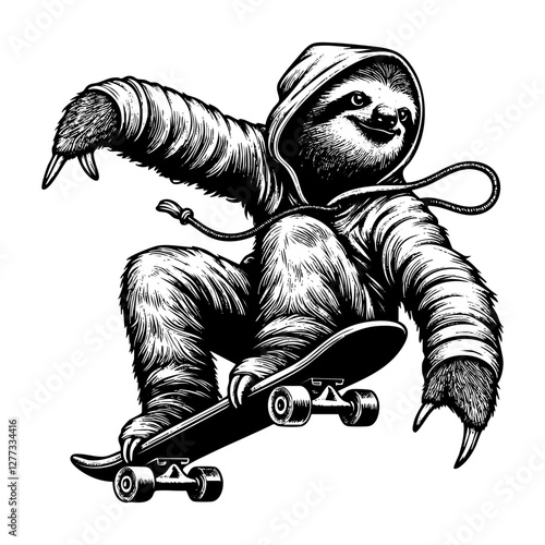 Sloth riding skateboard sketch engraving black and white outline. Scratch board imitation.

