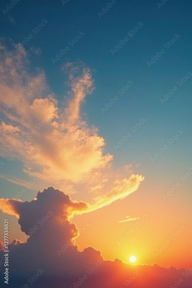 Fototapeta premium the sun casts a warm glow on the wispy cirrus clouds at dusk, weather conditions, atmosphere, light and shadow