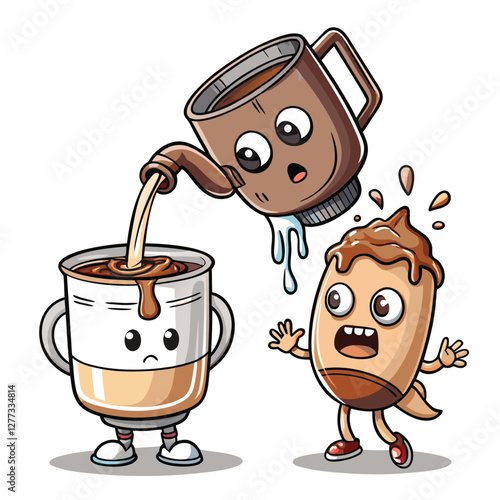 A cute, anthropomorphic coffee cup with arms, slumped over, looking incredibly sleepy, perhaps mid-sip.  Stylized, whimsical illustration.