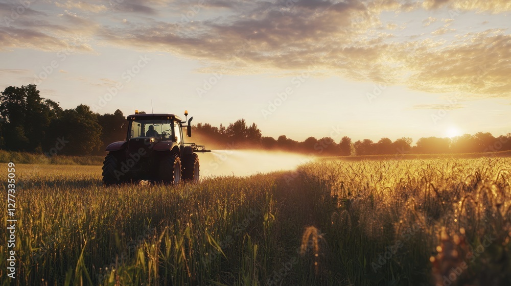 Fototapeta premium Tractor spraying crops at sunset.