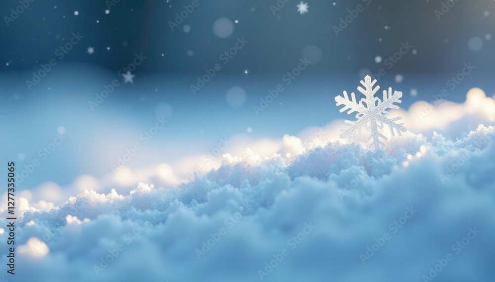 Tiny snowflake floats above a blanket of pristine snow, soft, frosty Tiny snowflake floats above a blanket of pristine snow, soft, frosty