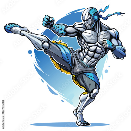 A highly detailed image of a cybernetically enhanced MMA fighter, mid-air, delivering a powerful, spinning high kick.  Focus on the metallic augmentations and dynamic pose.