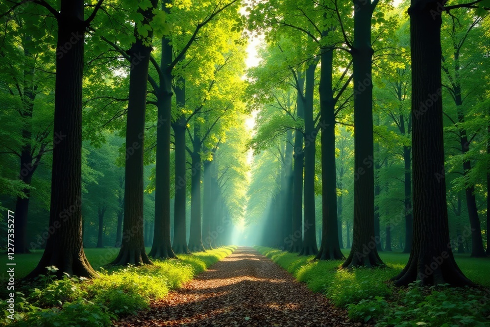 Obraz premium Towering straight trees form a canopy above a peaceful woodland floor, tree, foliage