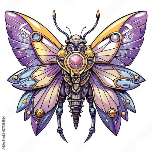 A stunning cybernetic butterfly, iridescent metallic wings intricately detailed, shedding its chitinous exoskeleton, revealing bioluminescent circuitry underneath.